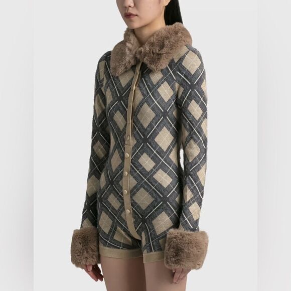 House of Sunny Pants - House of Sunny Beige and Gray Argyle Romper with Faux Fur Trim